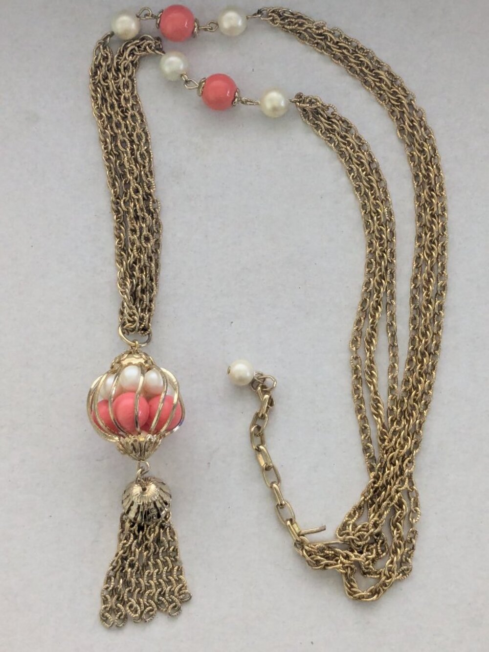 Vintage Gold Tone Bird Cage Faux Pearl Pink Ball Beaded Tassel Necklace